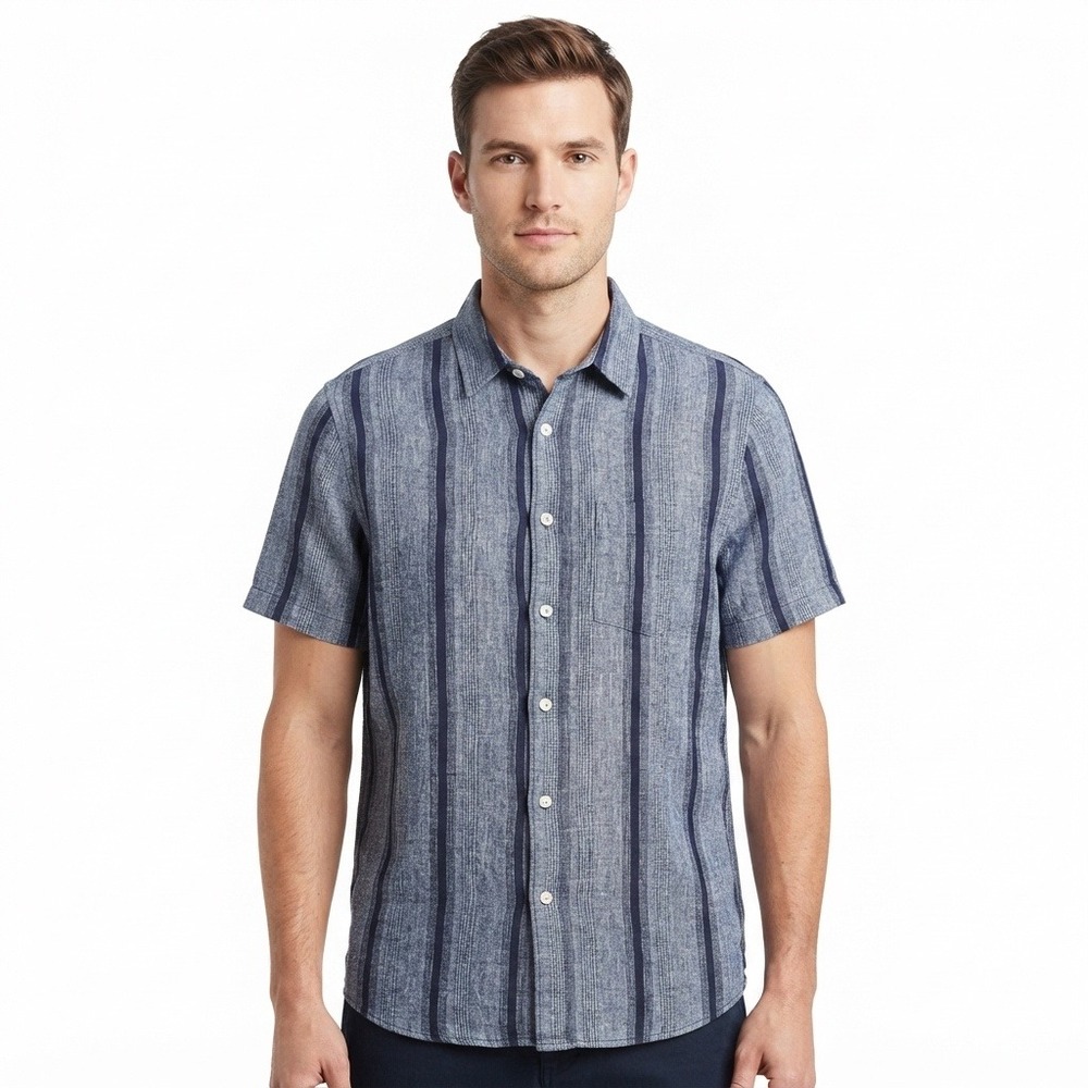 Goodfellow & Co Shirt Mens Large Blue‎ Striped Linen Blend Short Sleeve Button